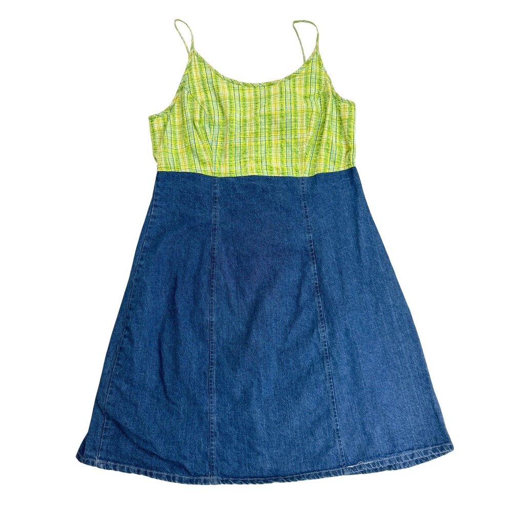 00s Y2k Niki-Lee California Plaid & Denim Spaghetti Strap Dress Size 11 / 12 (L)